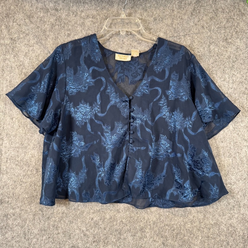 Vtg Victoria's Secret Gold Label Pajama Top Sz M Blue Sheer Crop Cottagecore
